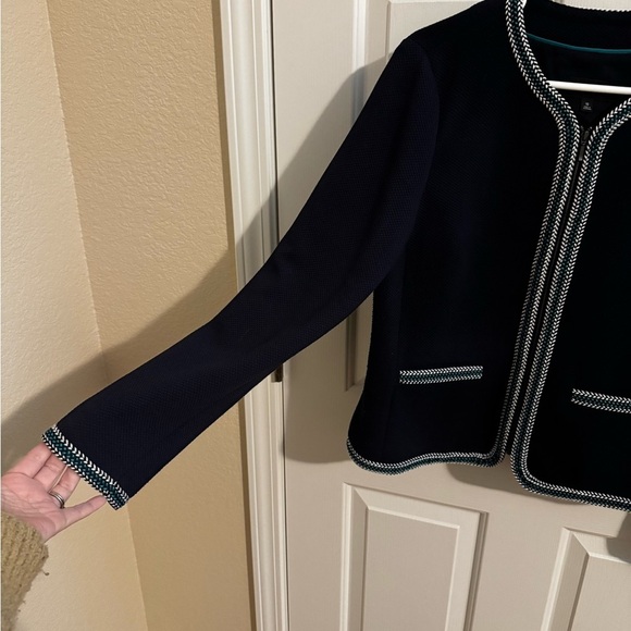 Talbots Braided Trim Zip Jacket Blazer Pockets Navy Green White Size 10 - Picture 5 of 11